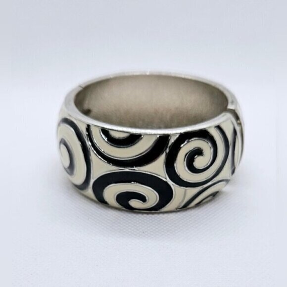 Enamel Black & Cream Swirl Design Silver Tone Hinge Cuff Bracelet - Picture 1 of 6